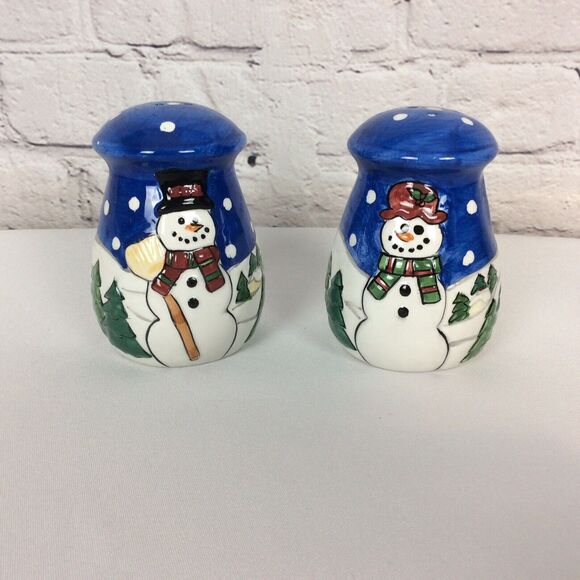 Christmas Mr. & Mrs Snowman Large Salt and Pepper Shakers Stove Top Ceramic Blue - Picture 4 of 7